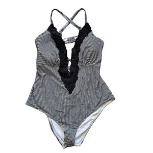 Cupshe NWT 4x swimsuit, black and white stripe, lace, deep v neck